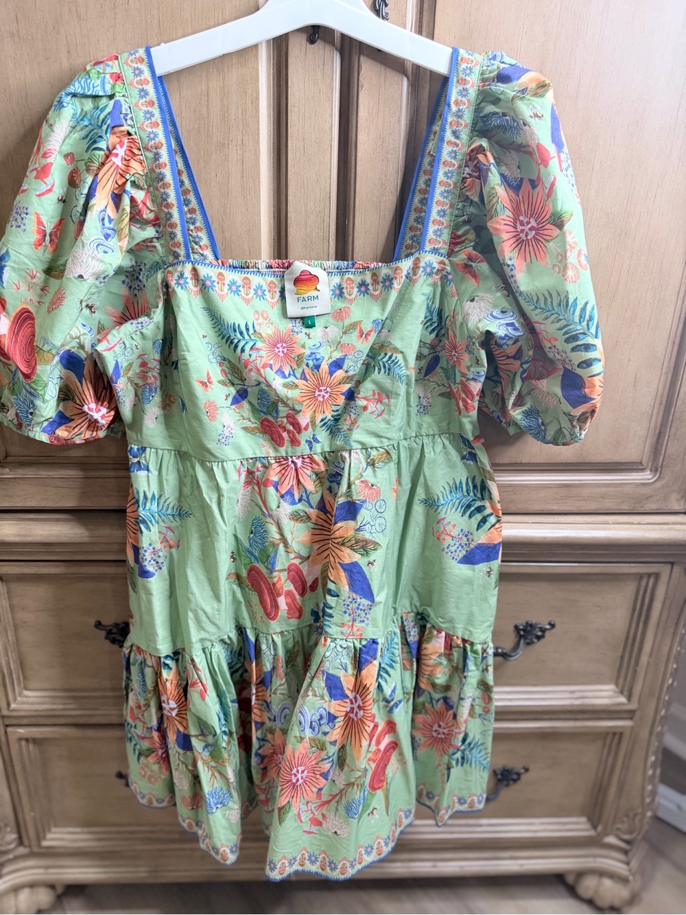 FARM Rio Light Green Floral Puff Sleeve Mini Dress